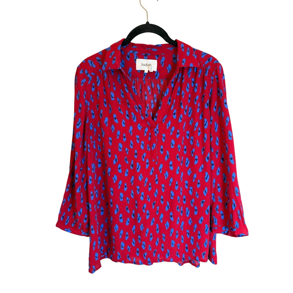 Ba&sh Odia Red Blue Abstract Leopard Print V-Neck Blouse Size 1 S